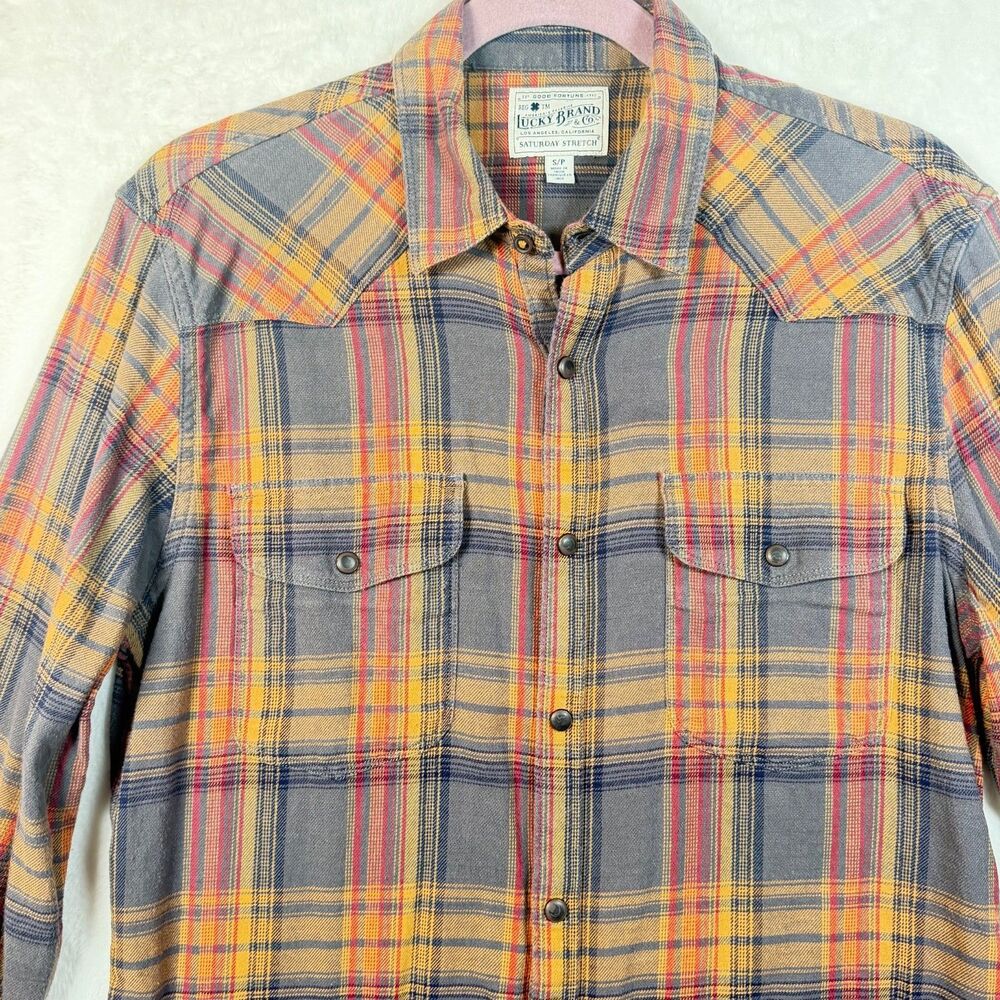 Lucky Brand Saturday Stretch Western Plaid Snap Button Shirt Mens S Cotton Blend